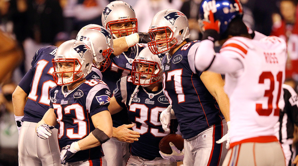 Danny Woodhead (39) celebrates his four-yard touchdown in Super Bowl XLVI against the Giants. Woodhead caught four passes for 42 yards, including that touchdown, but New England lost to New York 21-17.